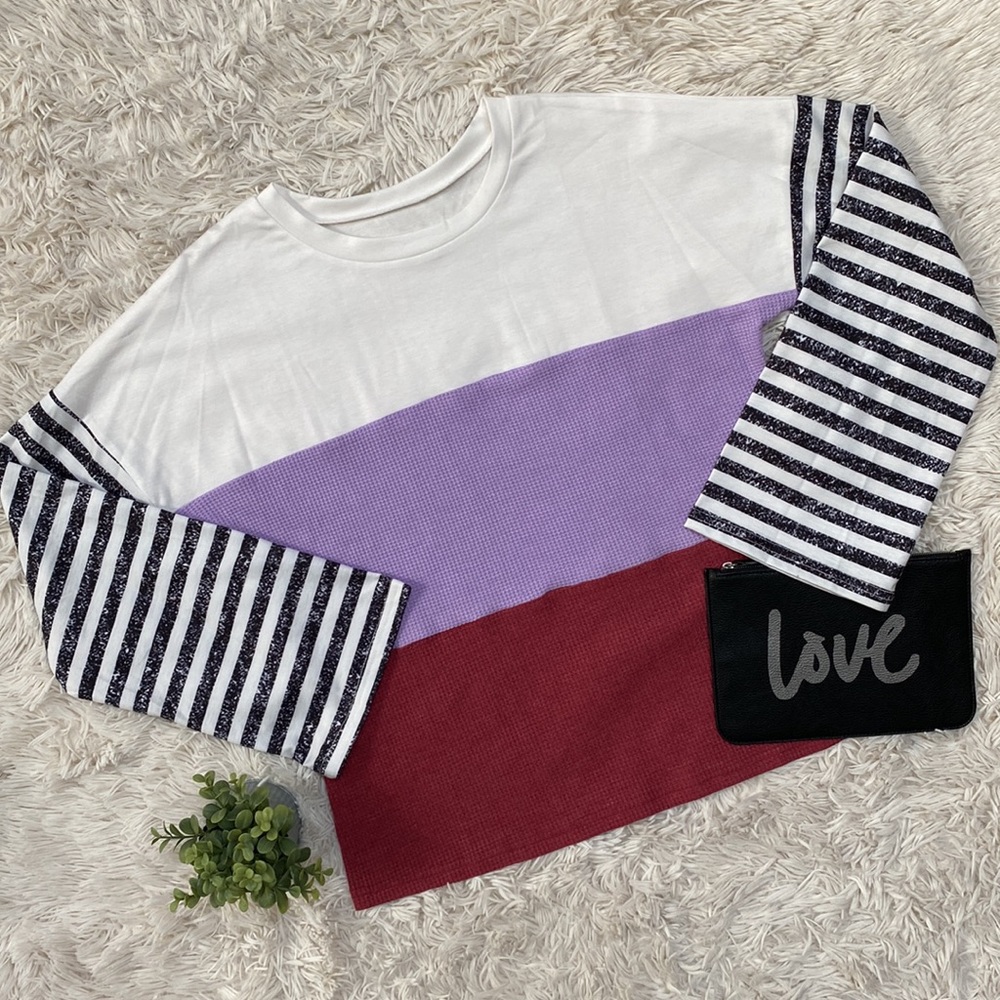🎉HP🎉 Boutique Colorblock Waffle Top 💗 White Lavender Burgundy and Navy